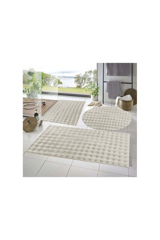 Raschel Carpet Balat Halı 3' Lü Kaymaz Taban Bubble Peluş Banyo Paspası Krem 50x50 Yuvarlak -50x50 Ve 50x70 Bej