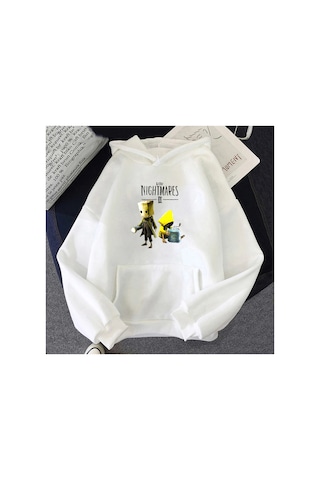 Tarzsokak Beyaz Unisex Küçük Nightmares Hoodie Baskı Cep Streetwear Korku Macera Oyun