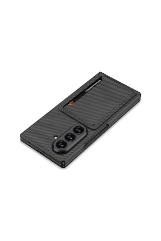 Galaxy Z Fold 7 Suni Deri Arka Yüzey Hesaplı Dünya Kartlıklı Kıpta Silikon Kılıf Siyah Karbon