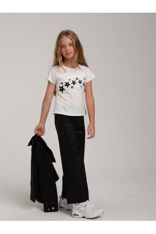 Escabel Kız Çocuk Yıldız Taş İşlemeli Tasarım T-shirt-15618 Beyaz