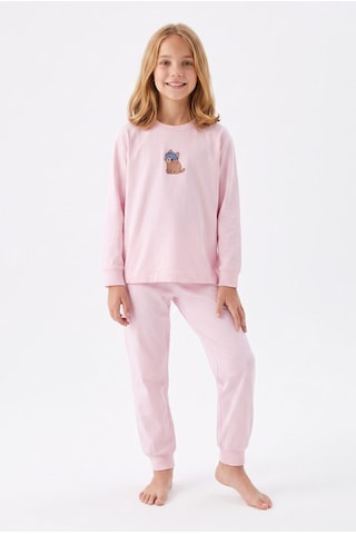 Bunny Hopp Kız Çocuk Uzun Kollu Pijama Takımı %100 Pamuk Pembe Kedi Desenli Penye