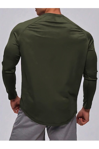 Ghassy Co. Erkek Running Sports Reglan Oval Kesim Uzun Kollu Pamuklu Penye T-shirt Haki