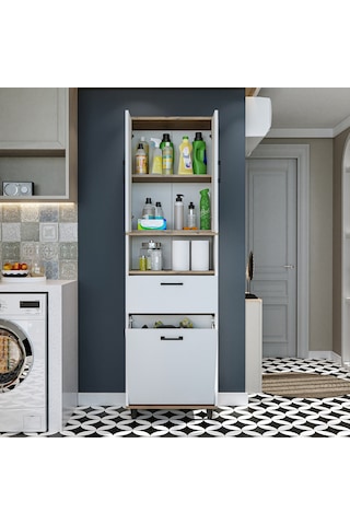 Çamaşır Sepetli Banyo Dolabı, Çok Amaçlı Dolap 60 X 200, Roomart Atlantik Çam - Beyaz