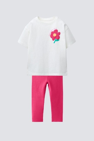 Monila Kız Çocuk Pamuklu Ekru Çiçek Baskılı T-shirt Ve Pembe Tayt Alt Üst Takım Ekru/pembe