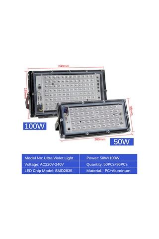 Yaleker 50w/100w Uv Led Projektör, Ip65 Su Geçirmez, 395nm Mor Işık, İç Ve Dış Mekan Kullanımı RGB