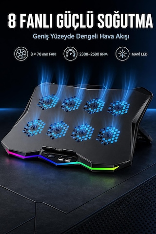 Uptech Rgb Laptop Soğutucu 8 Fanlı Ayarlanabilir Standlı Notebook Soğutucu