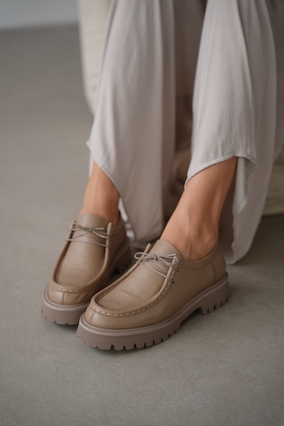 Orsel Hakiki Deri Bağcıklı Kadın Loafer- Vizon