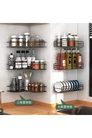 Banyo Rafları Toptan Ferforje Metal Delmesiz Tuvalet Köşe Çatlak Köşe Banyo Duvar Rafları Üçgen Siyah + Tek Kancalı Yapışkan Levha 2 Yaprak Diğer