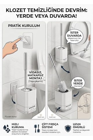 Duvara Monte Edilebilir Yapışkanlı Wc Tuvalet Fırçası Seti - Esnek Ergonomik Başlıklı Hijyenik Banyo Fırçası Duvara Asılabilir & Ayakta Kullanım Beyaz - Gri