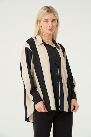 Basic Oversize Çizgili Gömlek Bej Siyah Bej - Siyah