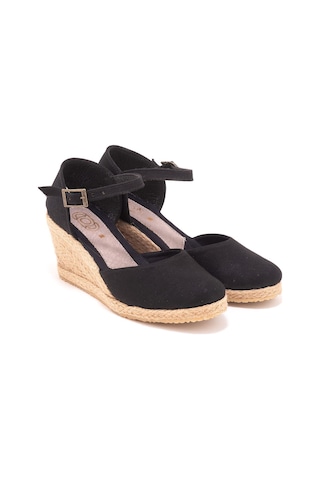 Star Tombis Gerçek Elişi Bilekten Bantlı Topuğu Açık Keten Espadril Dolgu Topuk Handmade Siyah