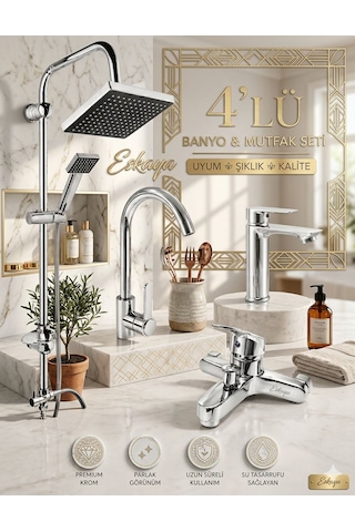 Eshome 4 Lü Banyo Duş Seti Robot Batarya Lavabo Musluk Krom Parlak Modern Banyo Seti