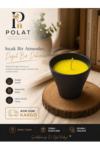 Saksı Tasarımlı Citronella Mum Limon Kokulu Sinek Uzaklaştıran Mum Aromaterapi Mum Siyah