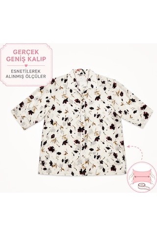 Büyük Beden Çiçek Desenli Kısa Kol Tencel Gömlek Bordo