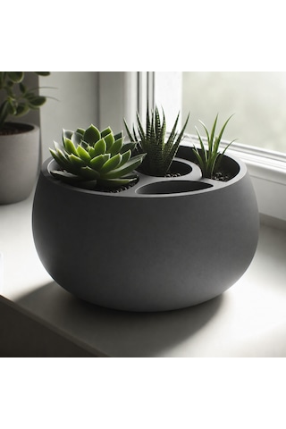 3d Baskı 3lü Sukulent Saksısı Ve Kalemlik Organizer - Dekoratif Masaüstü Bitki Saksısı-gri