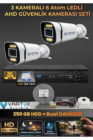 2 Kameralı 6 Atom Led Gece Renkli Görüşlü Güvenlik Kamerası Seti + 250 Gb Hdd
