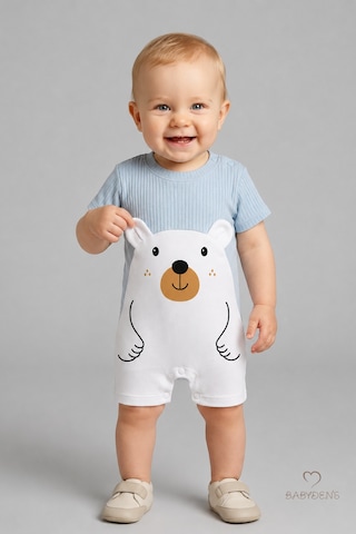 Babyden's Erkek Bebek Ayıcık Baskılı Kısa Kollu %100 Pamuk Yazlık Bebek Tulumu Yenidoğan Günlük Tulum 0-9 Ay Bebe Mavi