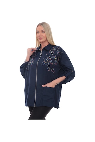 Lady Majestic Dokuma Motifli Pamuklu Büyük Beden Fermuarlı Desenli Gömlek Ceket 44-58 Beden Lacivert
