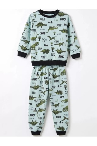 Veraura Lifestyle 4/10 Yaş Dino Baskılı Pamuk Penye Çocuk Pijama Takımı Yeşil