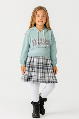 Kız Çocuk Sweatshirt Görünümlü Ekose Desenli Elbise-1710-m- Mavi