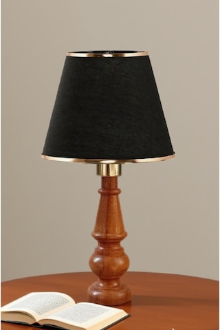 Ahşap Gövdeli Kumaş Başlıklı Dekoratif Abajur Masa Lambası Aydınlatma Lamba Siyah