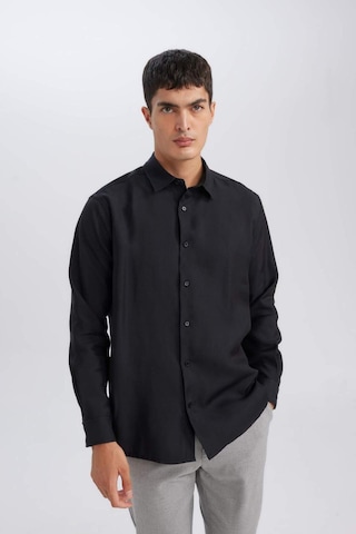 Defacto Siyah Relax Fit Polo Yaka Twill Modal Karışımlı Basic Düz Uzun Kollu Gömlek D3376AX24AUBK26 Siyah
