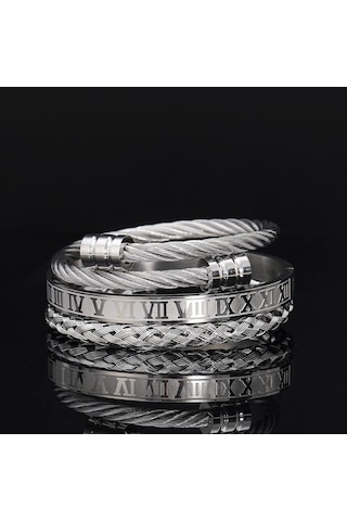 Chavin 3 Lü Örgü Roma Rakam Kelepçe Çelik Erkek Bileklik Eu25 Gri