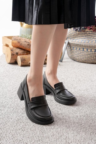 Asmi Shoes Kadın Melina Siyah Cilt 6 Cm Topuklu Loafer Ayakkabı Siyah Siyah