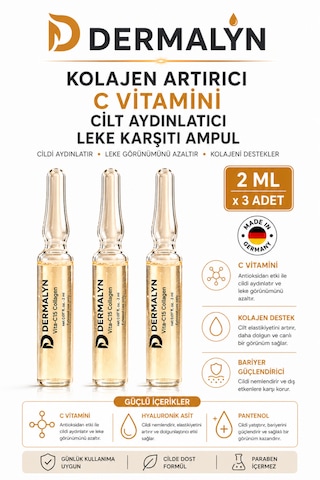 Dermalyn 3 Adet Kolajen Artırıcı C Vitamini Cilt Aydınlatıcı Leke Karşıtı Ampul Serum Dermaroller Dermapen