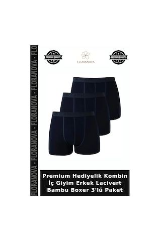 Floranova Premium Hediyelik Kombin İç Giyim Erkek Lacivert Bambu Boxer 3'lü Paket