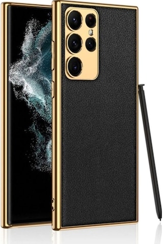 Galaxy S23 Ultra Kılıf Deri Görünümlü Kenarları Elektroplating Kaplama Zore Fizyon Kapak Siyah
