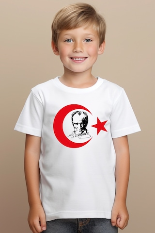 Aselinda Atatürk Ve Ayyıldız Baskılı Beyaz Çocuk Tişört Cumhuriyetimizin 101. Yılı 29 Ekim Beyaz Tişört-stk6 Beyaz