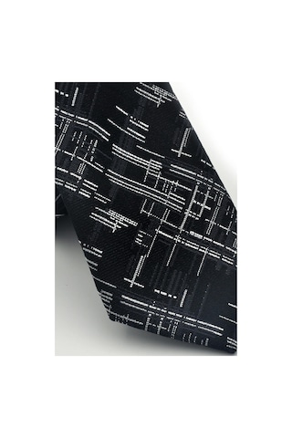 Gaffy Beyaz Kırcıl Desenli Siyah Dokuma Kumaş Mendilli Slim Fit Kravat // Sdk-2611-1 Siyah