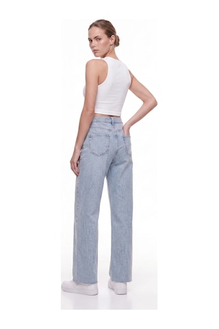 CEMO Kadın Taş İşlemeli Wide Leg Jean Pantolon Mavi