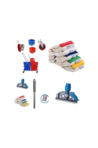 Mck Plus Çift Kovalı Krom Temizlik Arabası Paspas Arabası + Islak Mop Seti