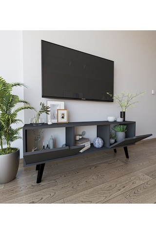 Siena Ahşap Ayaklı Tv Ünitesi Antrasit Televizyon Konsolu 140 Cm Ekonomik Modül Sehpa