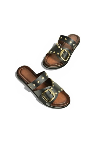 Fox Shoes Y390450703 Siyah Hakiki Deri Zımba Detaylı Kadın Terlik Siyah