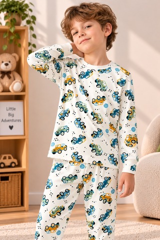 Free Beka Araba Desenli Bisiklet Yaka %100 Pamuklu İnterlok Kumaş Erkek Çocuk Uzun Kollu Pijama Takımı Yeşil