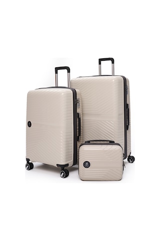 Elatae Exclusive Pro Polipropilen Kırılmaz 3'lü Valiz Seti Büyük - Orta Boy Ve Makyaj Çantası Bej - Antrasit 5239 Bej - Gri