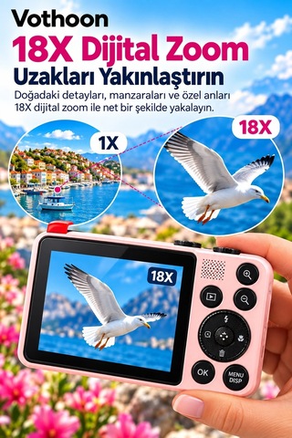 4k Dijital Fotoğraf Makinesi 18x Dijital Zoom 64 Mp Ön Ve Arka Ekranlı Kompakt Kamera Pembe Najmaddin Belirtilmemiş