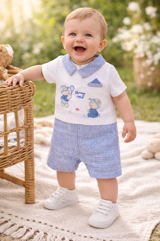 Uğur Bebe %100 Pamuk Erkek Bebek Tulum Yakalı Kısa Kollu Alttan Çıtçıtlı Yazlık Tek Parça Bebek Tulum Mavi Mavi