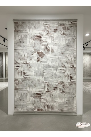Konak Halı Modern Salon Halısı Kahve Krem Soyut Desenli Emboss Saçaklı Kaymaz Taban Krem