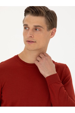 Cacharel Koyu Kiremit Slim Fit Bisiklet Yaka Triko Kazak Kırmızı