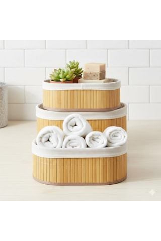 3'lü Oval Bambu Sepet Krem