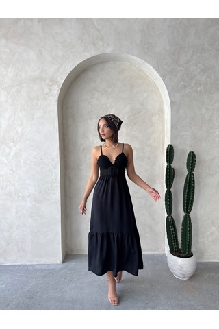 Verymoda Keten Görünümlü Askılı V Yaka Boydan Elbise I D2328 D2328 Siyah