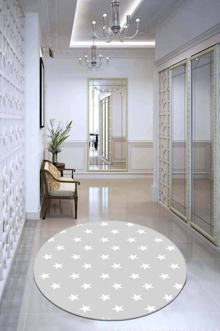 Gri Yıldızlı Kaymaz Tabanlı Yıkanabilir Yuvarlak Halı Ar604n11