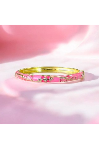 Taşlı Çiçek Motifli Pembe Mineli Çelik Bilezik Gold