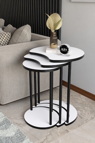 Modern Elma 3 Lü Zigon Sehpa Metal Ayaklı İç İçe Geçmeli Orta Sehpa Takımı Beyaz