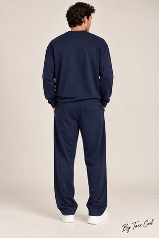 Tarz Cool Erkek Oversize %100 Oyşo Bisiklet Yaka Sweatshirt Bol Paça Alt Üst Takım Lacivert