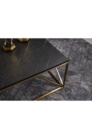 Nero Mermer Görünüm Sarı Siyah Orta Masa Modern Dikdörtgen Orta Sehpa Ahşap Metal Piramit Orta Masa Gold